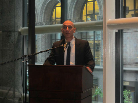 Aluf Benn, Editor in Chief of Haaretz, speaks at the JCF - Israel Bonds Partnership Event.