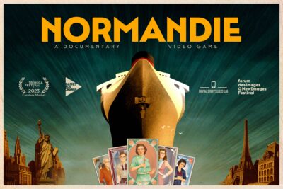A promotional poster of the Normandie video game featuring the ship and characters.